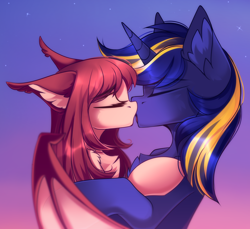 Size: 2892x2648 | Tagged: safe, artist:airiniblock, imported from derpibooru, oc, oc only, oc:airi, oc:vajr, bat pony, pony, unicorn, chest fluff, duo, female, kissing, male, rcf community, shipping, straight, vairi