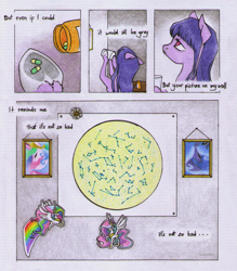 Size: 1195x1364 | Tagged: safe, artist:pandan009, imported from derpibooru, princess celestia, princess luna, oc, oc:cosmia nebula, pony, apartment, bed, blanket, bust, comic, constellation, cup, drinking, food, lonely, pillow, pills, portrait, sad, solo, song reference, star chart, sticker, tea, tired, traditional art, window