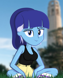 Size: 1445x1771 | Tagged: safe, artist:bastbrushie, imported from derpibooru, oc, oc:brushie brusha, equestria girls, breasts, clothes, coit tower, ears, equestria girls-ified, eye, eyes, female, grass, longshoreman, looking at you, san francisco, short, short pants, short shirt, sitting, sky, smiling, socks, solo, tree