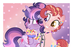 Size: 2255x1453 | Tagged: safe, artist:strawberry-spritz, imported from derpibooru, pinkie pie, twilight sparkle, alicorn, earth pony, pony, abstract background, base used, clothes, female, gender headcanon, headcanon, heterochromia, lesbian, lgbt headcanon, looking at each other, mare, pride flag, scarf, sexuality headcanon, shipping, twilight sparkle (alicorn), twinkie