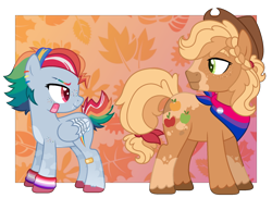 Size: 2082x1516 | Tagged: safe, artist:crazyaya, artist:strawberry-spritz, imported from derpibooru, applejack, rainbow dash, earth pony, pegasus, pony, alternate design, alternate hairstyle, appledash, applejack's hat, bandage, bandaid, bandana, base used, bigender, bigender pride flag, bisexual pride flag, colored pupils, colored wings, cowboy hat, female, freckles, hat, headcanon, lesbian, lesbian pride flag, lgbt headcanon, looking at each other, mare, multicolored wings, pride, pride flag, scar, sexuality headcanon, shipping, unshorn fetlocks, wings, wristband