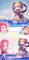 Size: 1500x3100 | Tagged: safe, artist:nikyuuchan, imported from derpibooru, pinkie pie, human, equestria girls, ankle bracelet, anklet, birthday, clothes, comic, commission, crossover, crying, cygames, dragalia lost, fourth wall destruction, heart tongue, nintendo, pond, rock, sad, shannon chan-kent, shocked, shocked expression, shocked face, singing, skirt, spoilers for another series, tears of joy, voice actor joke, water, zena/other zethia