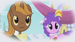 Size: 1280x720 | Tagged: safe, imported from derpibooru, screencap, chocolate tail, purple wave, earth pony, pony, unicorn, the ticket master, female, male, mare, stallion