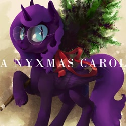 Size: 500x500 | Tagged: artist needed, source needed, safe, artist:ponyshot, imported from derpibooru, oc, oc:nyx, alicorn, pony, album cover, christmas, female, filly, glasses, greenery, holiday, nyxmas, ribbon, slit pupils, smiling, tree