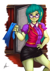 Size: 1280x1833 | Tagged: safe, artist:jennobasilicum, imported from derpibooru, juniper montage, equestria girls, spoiler:eqg specials, clothes, female, glasses, shirt, skirt, smiling, smirk, solo, towel, vest