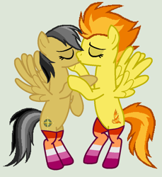 Size: 812x885 | Tagged: safe, artist:blizzardicefox, artist:jadeharmony, artist:jadethepegasus, imported from derpibooru, daring do, spitfire, pegasus, pony, base used, bipedal, clothes, daringfire, eyes closed, female, flying, gray background, hug, kissing, lesbian, lesbian pride flag, mare, pride, pride flag, shipping, show accurate, simple background, socks, striped socks