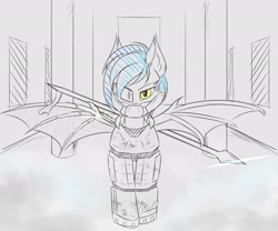 Size: 2048x1707 | Tagged: safe, artist:snowstormbat, imported from derpibooru, oc, oc:midnight snowstorm, bat pony, cyborg, pony, armor, augmented, cybernetic wings, sketch, spear, weapon, wings