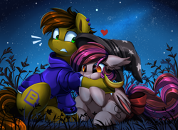 Size: 3509x2550 | Tagged: safe, artist:pridark, imported from derpibooru, oc, oc only, oc:twitchyylive, oc:velvet silverwing, bat pony, earth pony, pony, bat pony oc, bat wings, biting, clothes, commission, duo, grass, hat, high res, hoodie, night, night sky, nom, sitting, sky, stars, wings