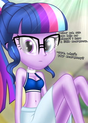 Size: 2500x3500 | Tagged: safe, artist:aryatheeditor, imported from derpibooru, sci-twi, twilight sparkle, equestria girls, beach, belly, belly button, bikini, bikini top, breasts, cleavage, clothes, conversation, digital art, explicit description, explicit source, female, geode of telekinesis, glasses, grammar error, heterochromia, looking at you, magical geodes, outfit, photo, powerful sparkle, sexy, shiny, sitting, skirt, sleeveless, solo, swimsuit