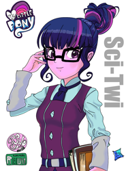 Size: 1668x2224 | Tagged: safe, artist:xjleiu, imported from derpibooru, sci-twi, twilight sparkle, equestria girls, friendship games, bishoujo, book, clothes, crystal prep academy uniform, female, glasses, logo, necktie, school uniform, schoolgirl, smiling, solo