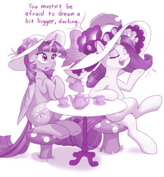 Size: 1280x1378 | Tagged: safe, artist:dstears, imported from derpibooru, rarity, twilight sparkle, alicorn, pony, unicorn, and then there's rarity, applejack's hat, cowboy hat, crossed legs, darling, dialogue, digital art, eyes closed, fabulosity, fabulous, female, giant hat, hair flip, hat, hatception, inception, mare, monochrome, movie reference, nice hat, rarity day, reference, sitting, table, twilight sparkle (alicorn)