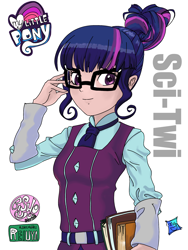 Size: 1668x2224 | Tagged: safe, artist:xjleiu, color edit, edit, editor:michaelsety, imported from derpibooru, sci-twi, twilight sparkle, equestria girls, friendship games, bishoujo, book, clothes, colored, crystal prep academy uniform, female, glasses, human coloration, light skin, light skin edit, logo, school uniform, skin color edit, smiling, solo