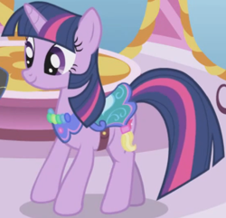 Size: 1156x1115 | Tagged: safe, imported from derpibooru, screencap, twilight sparkle, pony, unicorn, season 1, the ticket master, clothes, cropped, dress, female, mare, saddle, smiling, solo, tack, unicorn twilight