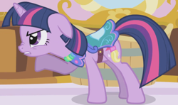 Size: 2038x1205 | Tagged: safe, imported from derpibooru, screencap, twilight sparkle, pony, unicorn, season 1, the ticket master, clothes, cropped, dress, female, floppy ears, mare, saddle, solo, tack, unicorn twilight