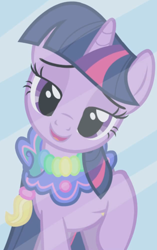 Size: 986x1569 | Tagged: safe, imported from derpibooru, screencap, twilight sparkle, pony, unicorn, season 1, the ticket master, clothes, cropped, dress, female, lidded eyes, mare, saddle, smiling, solo, tack, unicorn twilight