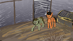 Size: 1920x1080 | Tagged: safe, artist:sunberry, imported from derpibooru, oc, oc only, earth pony, pegasus, pony, alley, allyway, bush, disco elysium, dumpster, mud, open mouth, outdoors, snow