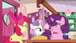 Size: 1920x1080 | Tagged: safe, imported from derpibooru, screencap, apple bloom, sugar belle, sweetie belle, the big mac question, blushing