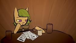 Size: 1178x679 | Tagged: safe, artist:sunberry, imported from derpibooru, oc, oc:sunberry, earth pony, pony, bureaucracy, clothes, coat, coffee mug, glass, green hair, mouth hold, mug, paper, paperwork, pen, purple eyes, shot glass, table