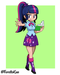 Size: 1000x1250 | Tagged: safe, artist:ferettokun, color edit, edit, editor:michaelsety, imported from derpibooru, twilight sparkle, equestria girls, equestria girls series, alternate hairstyle, book, colored, female, human coloration, i can't believe it's not sci-twi, light skin, light skin edit, ponytail, skin color edit, solo, twilight sparkle (alicorn)