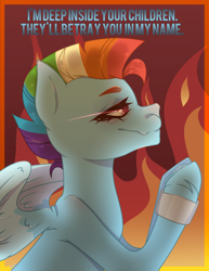 Size: 960x1246 | Tagged: safe, artist:brando, imported from derpibooru, rainbow dash, pegasus, pony, alternate hairstyle, bandage, devil, female, fire, glowing eyes, mare, mohawk, praying, solo