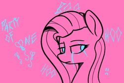 Size: 1106x749 | Tagged: safe, artist:pinkberry, imported from derpibooru, pinkie pie, pony, :c, crying, frown, graffiti, monochrome, neo noir, partial color, pinkamena diane pie, simple background, solo, text