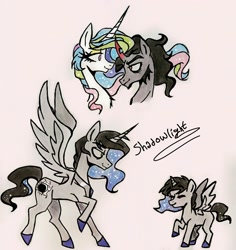 Size: 1756x1864 | Tagged: safe, artist:citi, imported from derpibooru, king sombra, princess celestia, oc, oc:shadowlight, alicorn, pony, unicorn, alicorn oc, celestibra, colored horn, colt, curved horn, eye contact, female, horn, looking at each other, male, mare, next generation, offspring, parent:king sombra, parent:princess celestia, parents:celestibra, self ponidox, shipping, sombra horn, sparkly mane, stallion, straight, wings