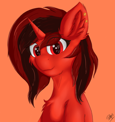 Size: 1976x2092 | Tagged: safe, artist:flapstune, imported from derpibooru, oc, oc only, oc:flaps tune, pony, unicorn, bust, ear piercing, earring, female, fluffy, horn, jewelry, mare, orange background, piercing, signature, simple background, smiling, solo