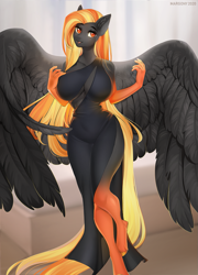 Size: 935x1300 | Tagged: safe, artist:margony, imported from derpibooru, oc, oc only, anthro, pegasus, unguligrade anthro, big breasts, breasts, clothes, curvy, dress, female, hourglass figure, large wings, looking at you, pegasus oc, solo, wings