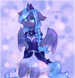 Size: 1936x2000 | Tagged: safe, artist:zefirka, imported from derpibooru, princess luna, alicorn, anthro, alternate hairstyle, blushing, braid, clothes, crown, cute, jewelry, lunabetes, regalia