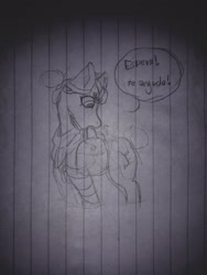 Size: 1536x2048 | Tagged: safe, artist:marydibuja, imported from derpibooru, oc, oc only, oc:maylea, earth pony, pony, bag, earth pony oc, lineart, lined paper, saddle bag, solo, talking, traditional art