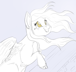 Size: 2367x2228 | Tagged: safe, artist:nyota71, imported from derpibooru, derpy hooves, pegasus, pony, cheek fluff, colored pupils, colored sketch, crying, female, leg fluff, looking up, mare, open mouth, simple background, sketch, solo, tears of joy, unshorn fetlocks, windswept mane