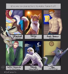 Size: 1864x2048 | Tagged: safe, artist:starmoonlightfox, imported from derpibooru, discord, bird, cat, draconequus, human, owl, six fanarts, abs, archie comics, clock, clothes, crescent moon, crossover, eye scar, harry potter, harry potter (series), hedwig, luther hargreeves, male, moon, night, one eye (warrior cats), pants, partial nudity, riverdale, scar, signature, the umbrella academy, tom (tom and jerry), tom and jerry, tom cat, topless, warrior cats