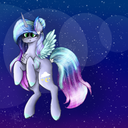 Size: 1080x1080 | Tagged: safe, artist:saladstarry, imported from derpibooru, oc, oc only, alicorn, pony, alicorn oc, chest fluff, ethereal mane, flying, horn, night, rearing, solo, starry mane, stars, wings