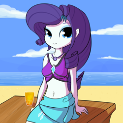 Size: 3375x3375 | Tagged: safe, artist:tjpones, imported from derpibooru, rarity, equestria girls, beach, belly button, bikini, bikini top, breasts, busty rarity, clothes, drink, female, geode of shielding, looking at you, magical geodes, midriff, rarity's blue sarong, rarity's purple bikini, solo, swimsuit