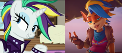 Size: 1523x671 | Tagged: safe, edit, imported from derpibooru, screencap, rarity, bandicoot, pony, unicorn, it isn't the mane thing about you, alternate hairstyle, comparison, crash bandicoot, crash bandicoot (series), crash bandicoot 4: it's about time, mowhawk, punk, raripunk, tawna bandicoot