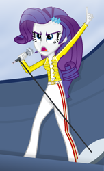 Size: 900x1481 | Tagged: safe, artist:grapefruitface1, imported from derpibooru, rarity, equestria girls, base used, belly button, clothes, cosplay, costume, female, freddie mercury, microphone, microphone stand, queen (band), show accurate, solo, stage