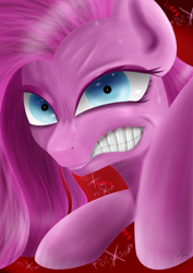 Size: 2508x3541 | Tagged: safe, artist:flaxen's art corner, imported from derpibooru, pinkie pie, angry, crazy face, faic, looking at you, pinkamena diane pie, sweat, sweatdrop