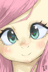 Size: 1200x1800 | Tagged: safe, artist:yanamosuda, imported from derpibooru, fluttershy, pony, equestria girls, ambiguous facial structure, blushing, bust, close-up, female, front view, full face view, head tilt, looking at you, portrait, smiling, solo, stray strand