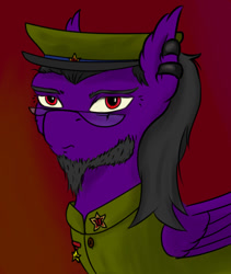 Size: 634x750 | Tagged: safe, artist:chet_volaner, imported from derpibooru, oc, oc only, oc:chet volaner, changeling, pegasus, pony, fanfic:halfdead and happy, beard, black mane, cap, facial hair, fanfic, glasses, hat, medal, military uniform, piercing, red eyes, solo, soviet, stalliongrad