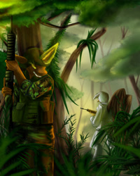 Size: 2190x2738 | Tagged: safe, artist:sf-sonar, artist:talki200, imported from derpibooru, oc, oc:chameleon, anthro, griffon, unicorn, camouflage, gun, infantry, jungle, magic, military, rifle, weapon