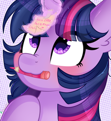 Size: 1828x2000 | Tagged: safe, artist:2pandita, imported from derpibooru, twilight sparkle, pony, blushing, bust, cute, female, magic, mare, mouth hold, note, pencil, portrait, solo, sticky note, telekinesis, twiabetes, uwu