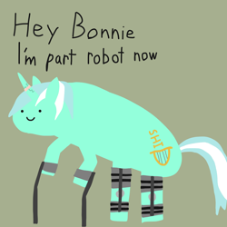 Size: 2048x2048 | Tagged: safe, artist:2merr, lyra heartstrings, pony, unicorn, /mlp/, 4chan, :), bandage, bandaid, bipedal, bipedal leaning, broken horn, cracked horn, crutches, dialogue, drawn on phone, drawthread, female, green background, horn, implied bon bon, injured, l.u.l.s., leaning, leg brace, mare, requested art, simple background, smiley face, smiling, solo, stylistic suck