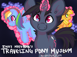 Size: 900x675 | Tagged: safe, artist:aurelieia, imported from derpibooru, applejack, rainbow dash, oc, oc:inky notebook, earth pony, pegasus, pony, unicorn, female, glowing horn, hat, horn, magic, male, mare, plushie, smiling, stallion, telekinesis, traveling pony museum, unicorn oc