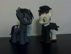 Size: 600x450 | Tagged: safe, artist:inkynotebook, imported from derpibooru, oc, oc only, oc:inky notebook, earth pony, pony, unicorn, clothes, custom, customized toy, duo, earth pony oc, hat, horn, irl, looking up, male, photo, stallion, toy, unicorn oc