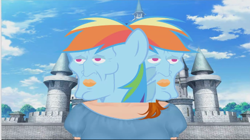 Size: 518x291 | Tagged: safe, imported from derpibooru, rainbow dash, human, castle, cloud, faic, handsome squidward, meme, spongebob squarepants