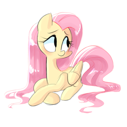Size: 1280x1280 | Tagged: safe, artist:colorful-horses, artist:syrupyyy, imported from derpibooru, fluttershy, pegasus, pony, cute, female, lying down, mare, prone, shyabetes, simple background, solo, white background