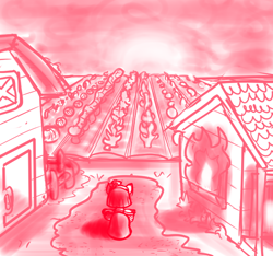 Size: 640x600 | Tagged: safe, artist:ficficponyfic, imported from derpibooru, part of a set, oc, oc only, oc:mulberry telltale, cyoa:madness in mournthread, arson, bag, barn, boots, burning building, clothes, crops, cyoa, dress, enchanted plants, farm, fence, field, fire, flower, headband, house, looking away, monochrome, neckerchief, plants, shawl, shoes, story included, yard