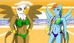 Size: 1280x747 | Tagged: safe, artist:deskmaniac, imported from derpibooru, gilda, rainbow dash, anthro, griffon, pegasus, abs, beach, belly button, bikini, breasts, clothes, duo, female, grin, hand on hip, looking at you, mare, rainbow bikini, smiling, smirk, spread wings, sunset, swimsuit, twist bandeau, volleyball net, wings