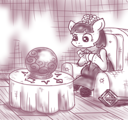 Size: 640x600 | Tagged: safe, artist:ficficponyfic, imported from derpibooru, part of a set, oc, oc only, oc:mulberry telltale, cyoa:madness in mournthread, boots, clothes, crystal ball, cyoa, dress, ears up, enchanted crystal ball, enchanted table, flower, headband, hooves together, intense, intense stare, magic runes, monochrome, neckerchief, pursed lips, shawl, shoes, sitting in chair, story included, table, watching