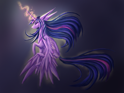 Size: 4000x3000 | Tagged: safe, artist:onyxstreak, imported from derpibooru, twilight sparkle, alicorn, pony, eyes closed, female, floating, glowing horn, horn, long ears, magic, mare, signature, simple background, solo, twilight sparkle (alicorn)